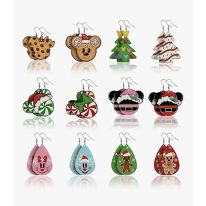 Christmas Santa Faux Leather Earrings Set of 12 Mickey Snowman Bear Peppermint